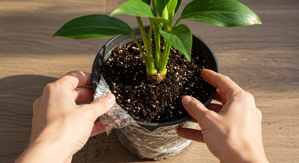 箱から慎重に観葉植物を取り出す様子