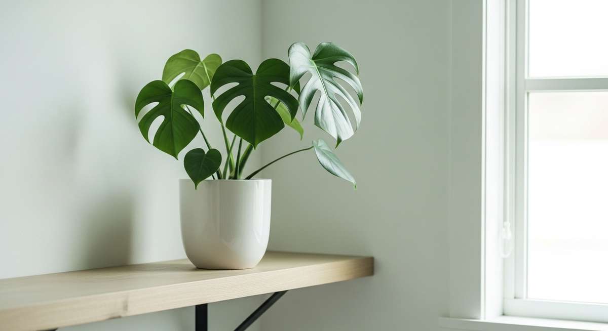 白い鉢に植えられたモンステラが木の棚に置かれた明るい室内の風景