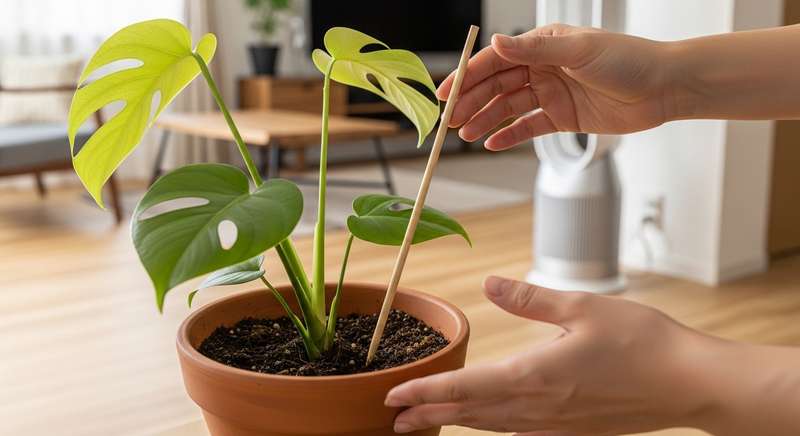 梅雨時期に観葉植物の状態をチェックする様子。土の乾き具合や葉の健康を確認している