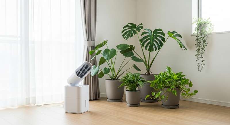 梅雨の観葉植物管理に欠かせないサーキュレーターと、リビングに並んだ複数の植物たち