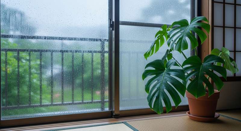 梅雨で湿気を帯びた窓辺に置かれたモンステラ。葉に水滴がつき、土も湿った状態の室内グリーン