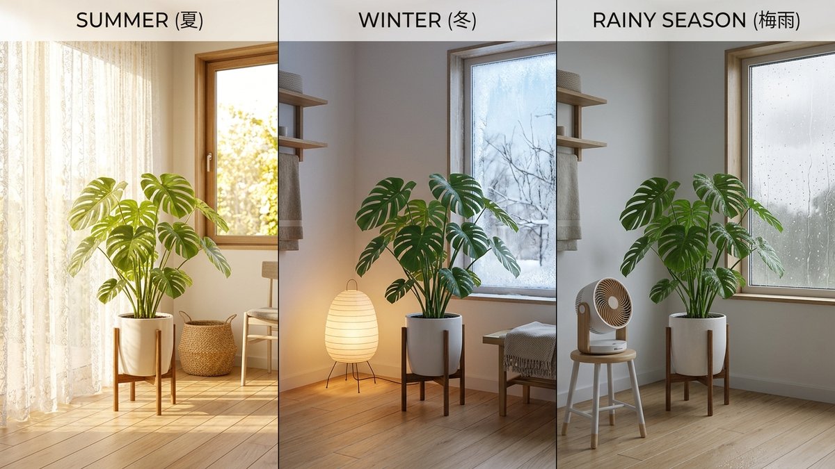 四季別の観葉植物置き場所変化(夏・冬・梅雨)