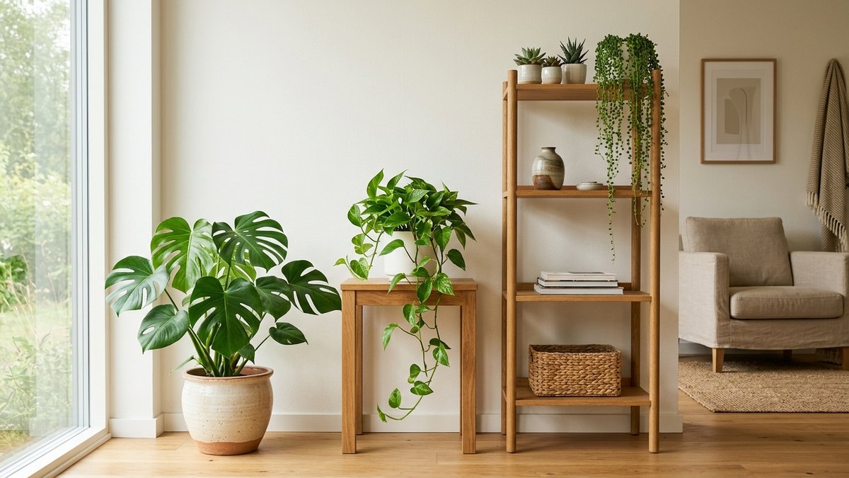 高さ別の観葉植物グルーピング配置例(大型床置き+中型サイドテーブル+小型棚)
