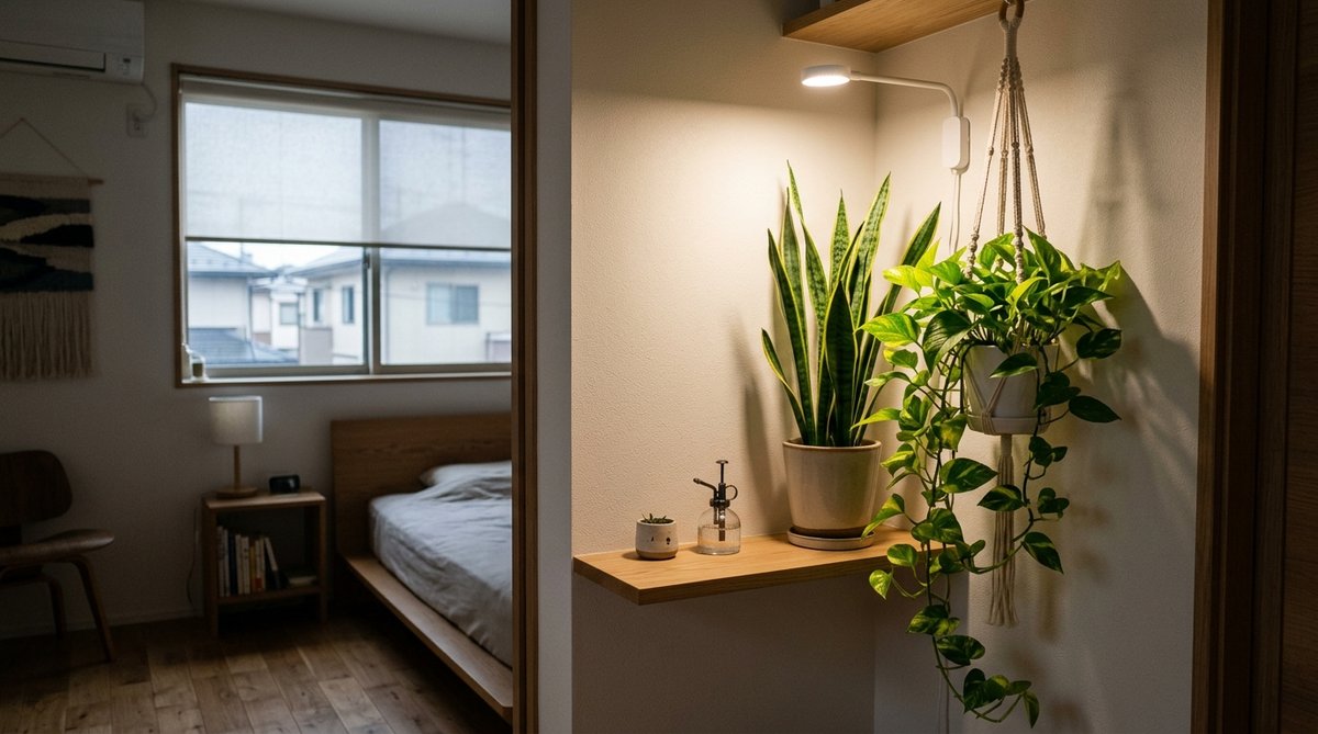 暗い部屋で補助LEDライトを使った観葉植物の育て方例—サンスベリアとハンギングポトス