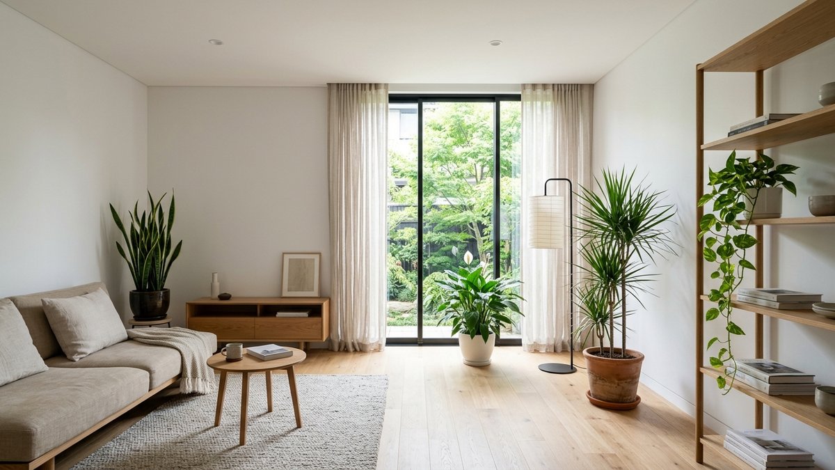 部屋の角・棚・窓辺など戦略的に配置された観葉植物の例