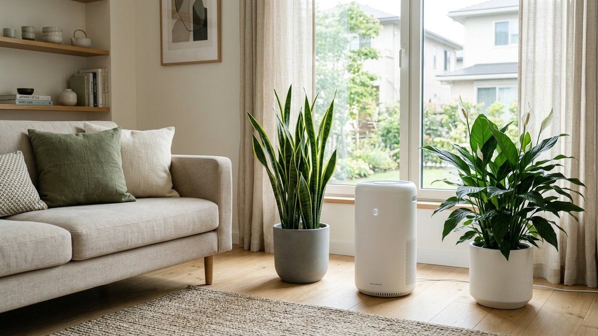 観葉植物と空気清浄機を併用するリビングの配置例