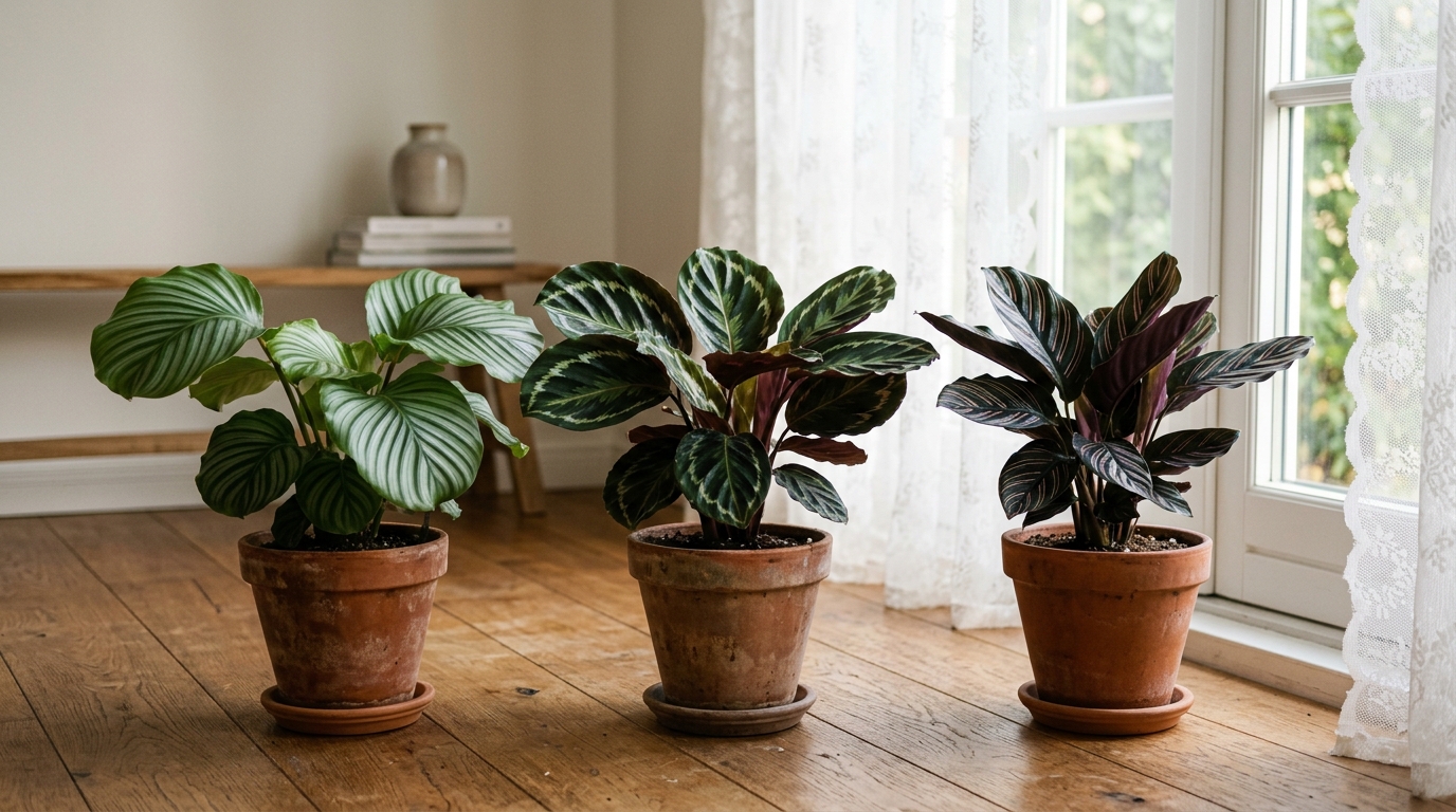 レースカーテン越しの窓辺に並ぶ3つのカラテアの鉢植え