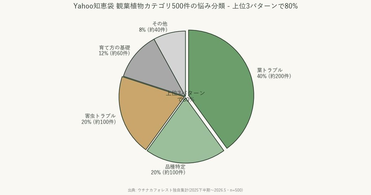 Yahoo!知恵袋の観葉植物カテゴリ500件の悩み分類円グラフ。葉トラブル40%品種特定20%害虫20%基礎12%その他8%