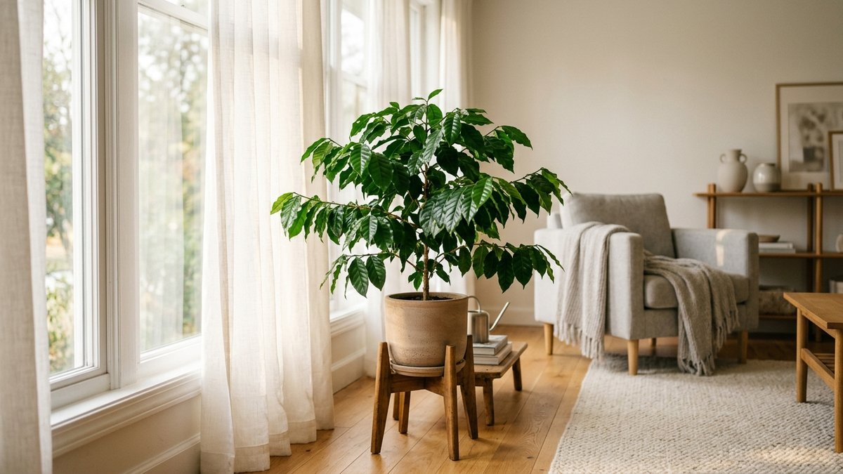 レースカーテン越しの柔らかな朝の光を浴びる窓辺のコーヒーの木の鉢植え