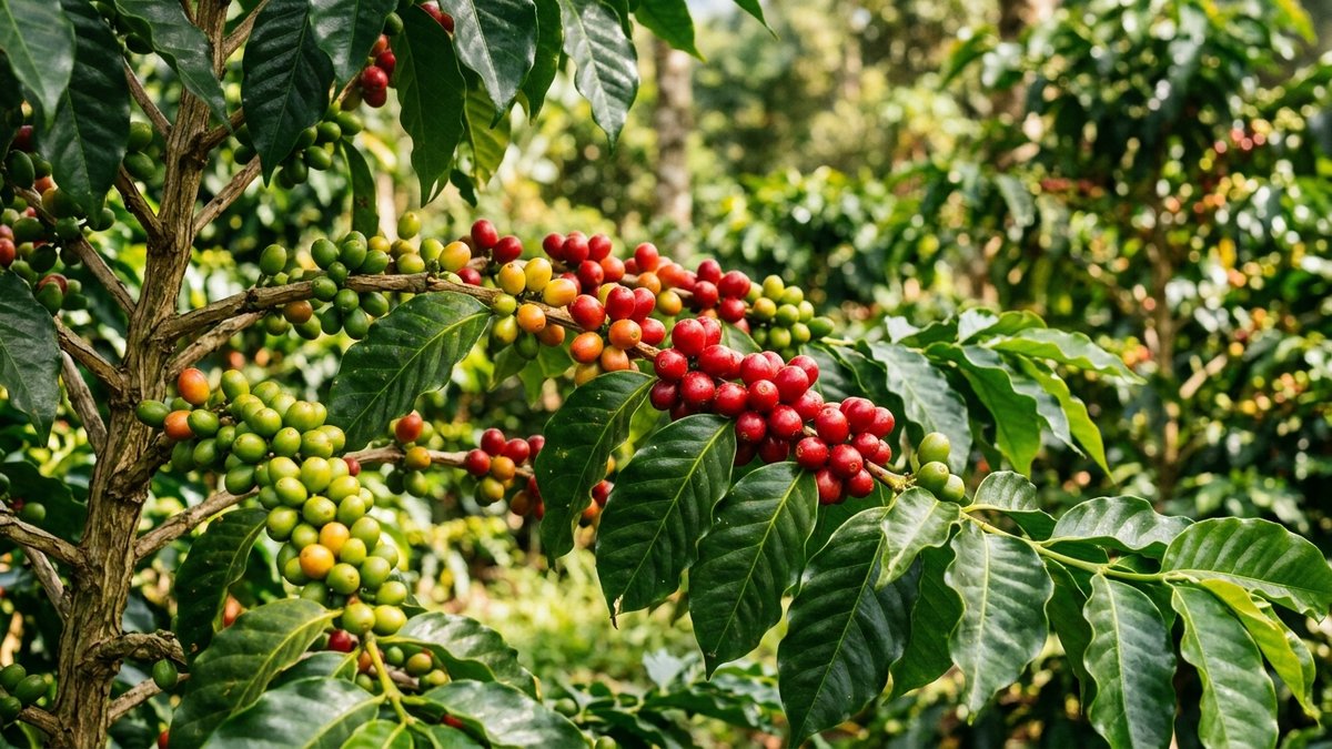 緑から赤に熟したコーヒーチェリーの実が同じ枝に色とりどりに並ぶコーヒーの木のクローズアップ