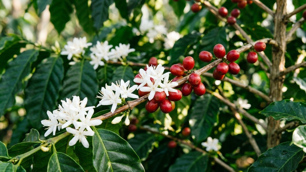 コーヒーの木の枝に白いジャスミンのような花と赤いコーヒーチェリーの実が同時に咲く瞬間