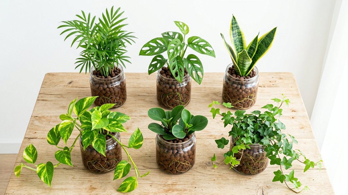 ハイドロカルチャーに向く6品種の観葉植物(テーブルヤシ・ポトス・サンスベリア・モンステラ・ペペロミア・アイビー)が透明ガラス瓶で並ぶフラットレイ