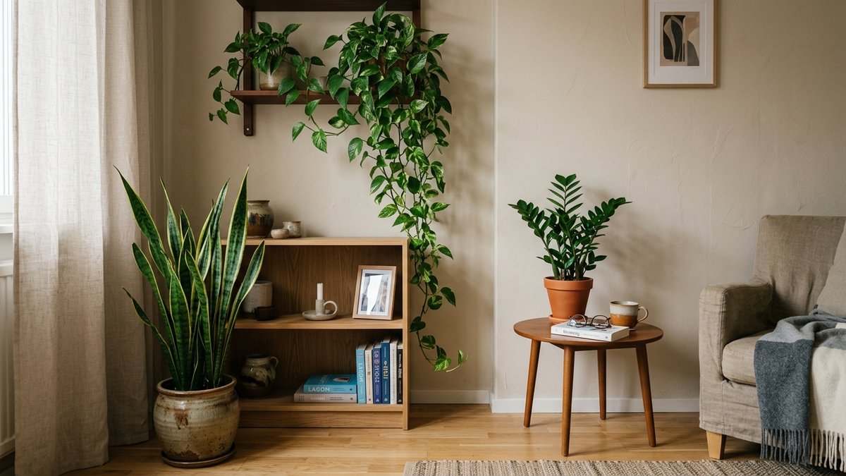 暗い部屋・ワンルームでの観葉植物レイアウト例(サンスベリア・ポトス・ZZ植物の配置)
