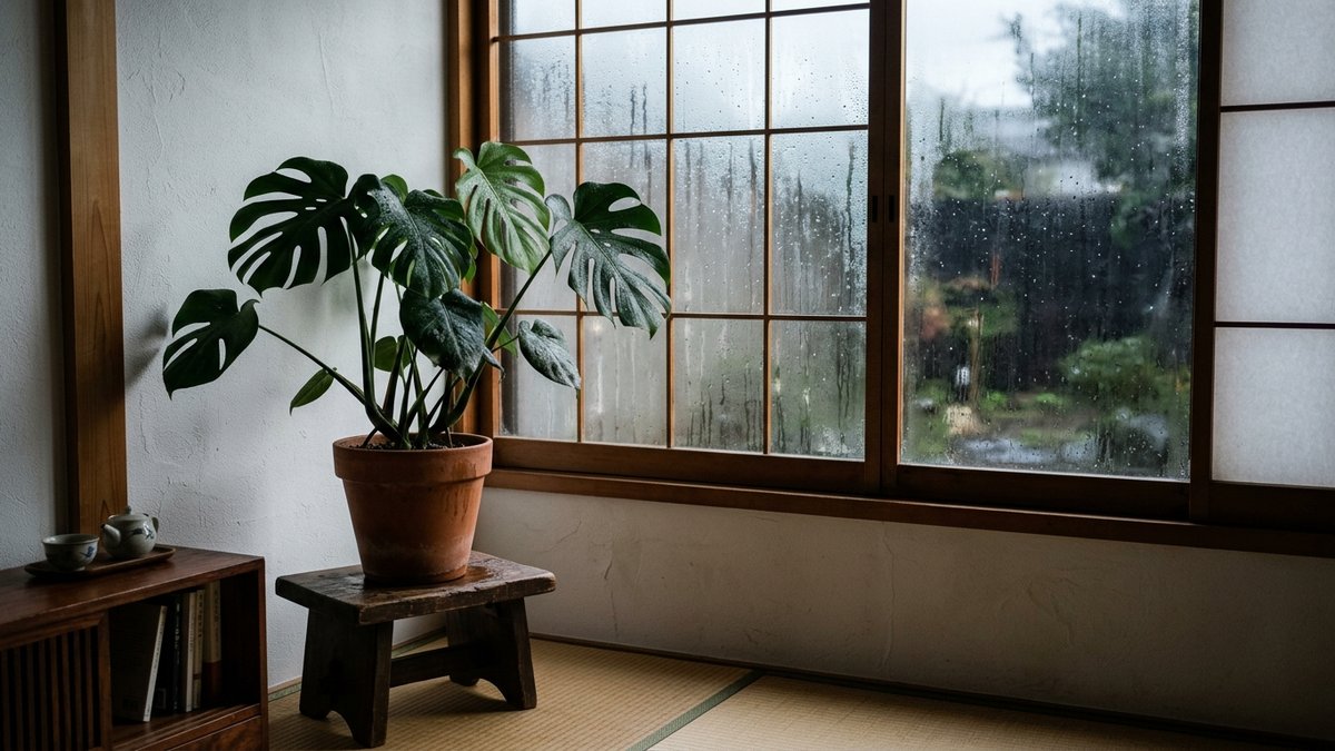 梅雨カビが発生しやすい湿気のこもる窓辺の観葉植物