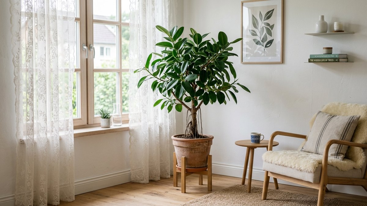 レースカーテン越しの明るい窓辺に置かれたフィカス・ベンガレンシスの鉢植え