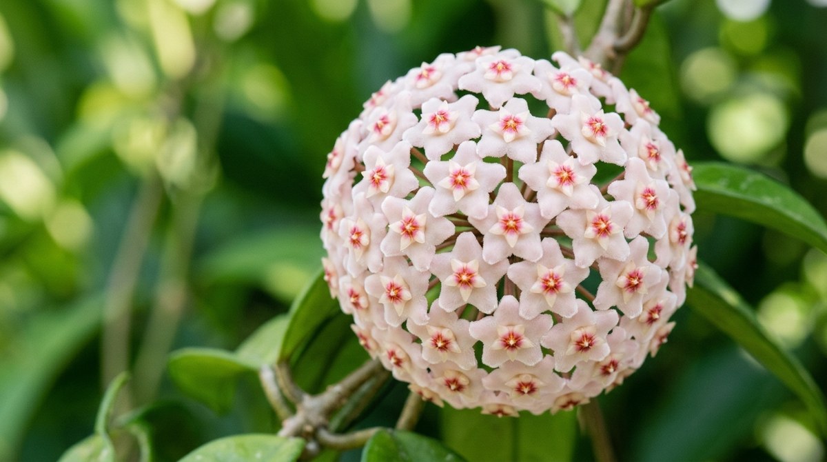 ホヤ・カルノーサの星形の花が半球状に集まって咲いたクローズアップ、中心がピンクで花弁が白