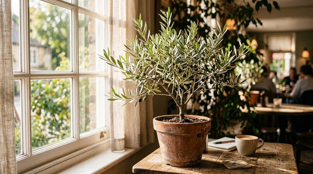 窓辺の鉢植えオリーブの木と銀緑色の葉