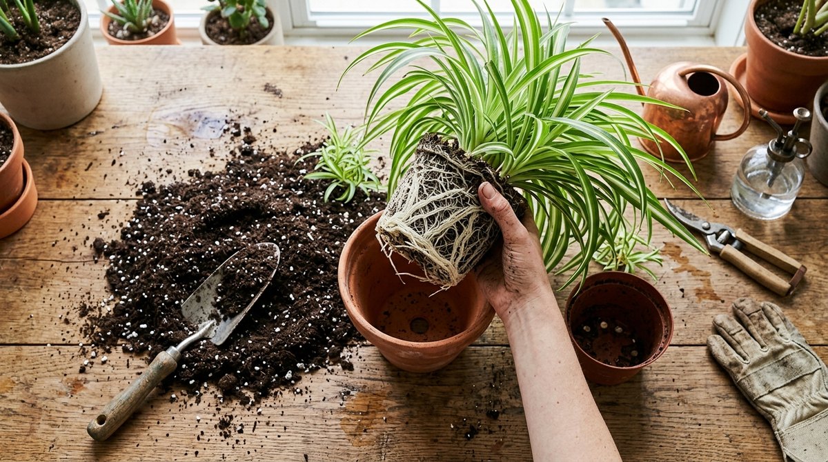 オリヅルランの植え替え。素焼き鉢と培養土とスコップ、白い根