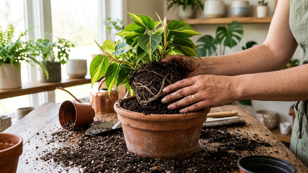 フィロデンドロンを一回り大きい鉢に新しい土で植え替える様子