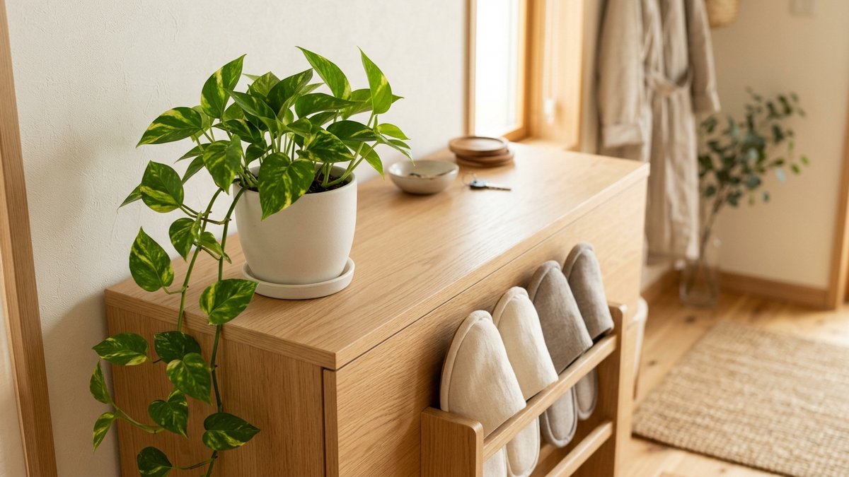 採光のある明るい玄関の下駄箱の上に置かれたポトスの鉢植えとスリッパラック