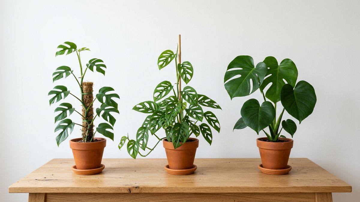 ヒメモンステラとして売られる3タイプの鉢植えを並べた比較。左からラフィドフォラ・テトラスペルマ、モンステラ・アダンソニー、デリシオサの幼苗