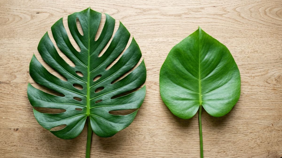 深い切れ込みが入った大きな葉と、切れ込みのない丸いハート形の若い葉を並べた比較