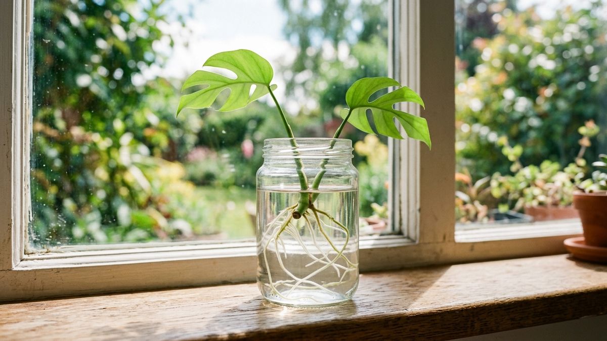 ガラス瓶の水挿しで白い根を伸ばすヒメモンステラの茎