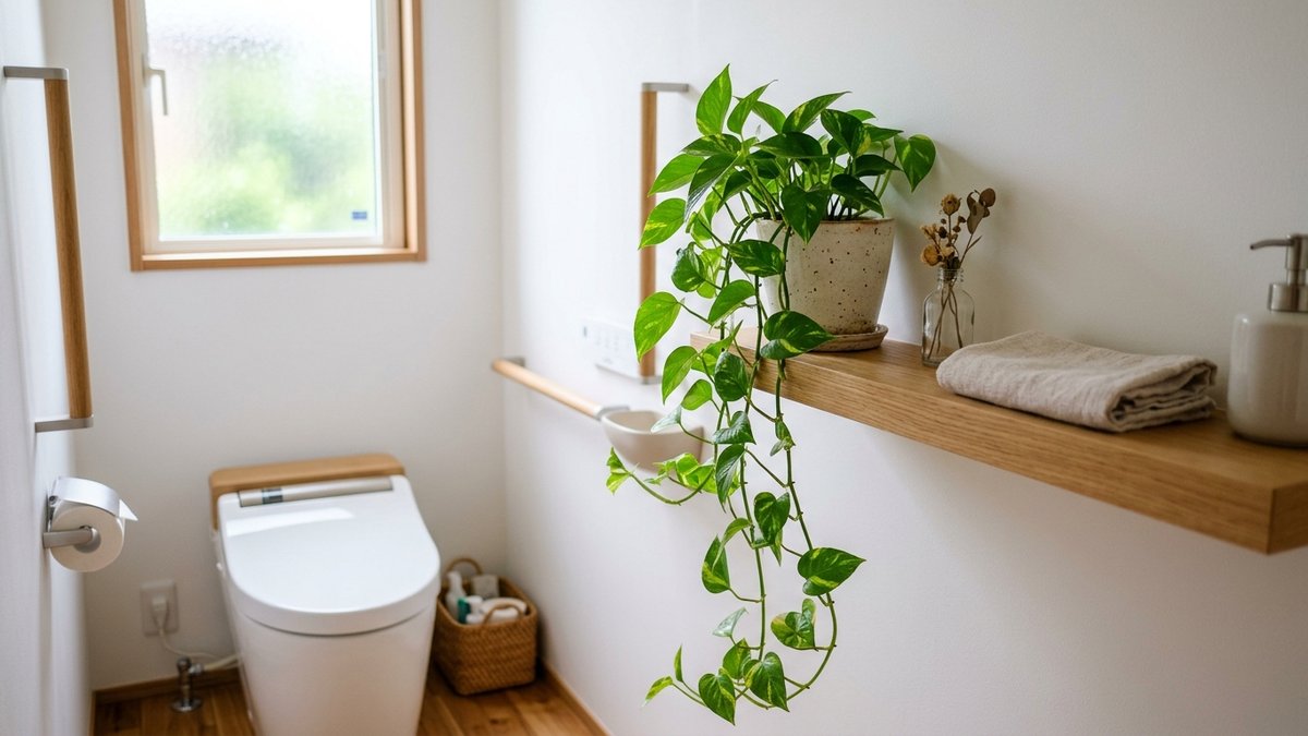 明るい窓のあるトイレの木製棚に置かれたポトスの鉢植えとツルが垂れる様子