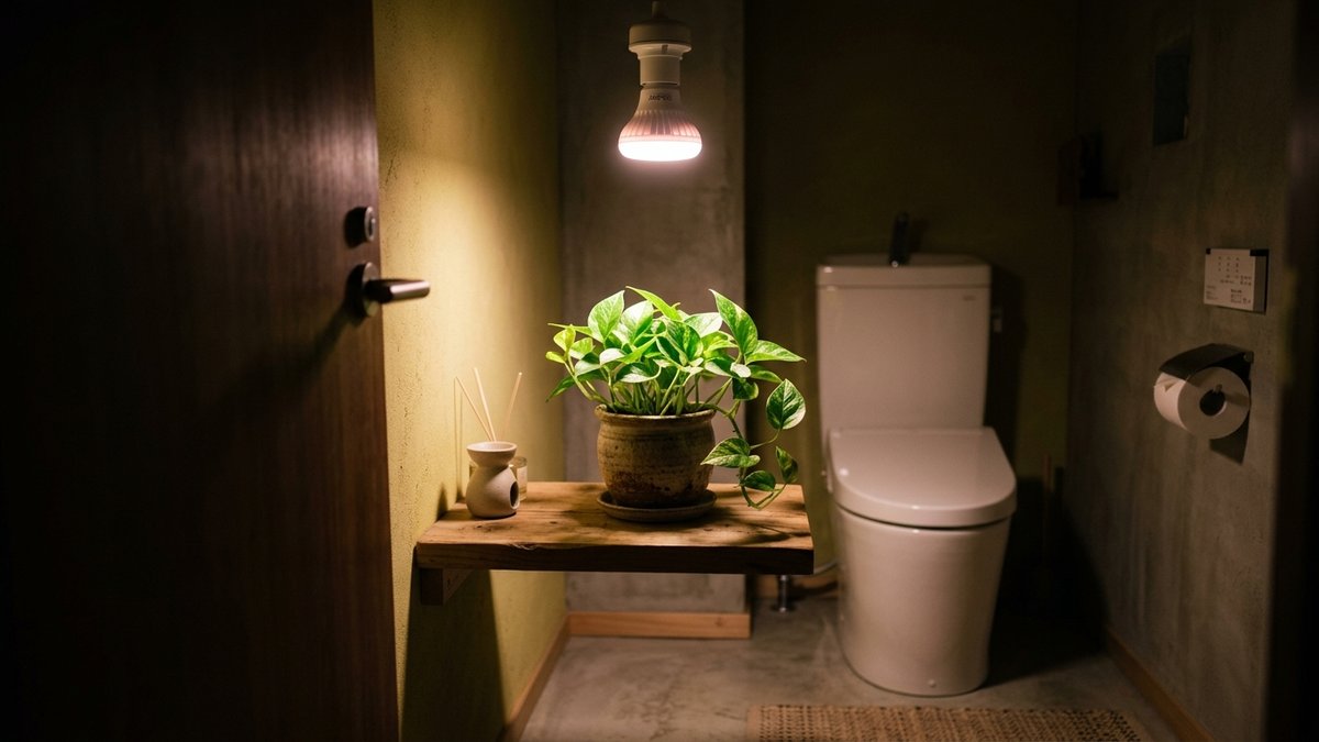 窓なしトイレの天井ソケットに取り付けた植物育成ライトの下で育つポトス