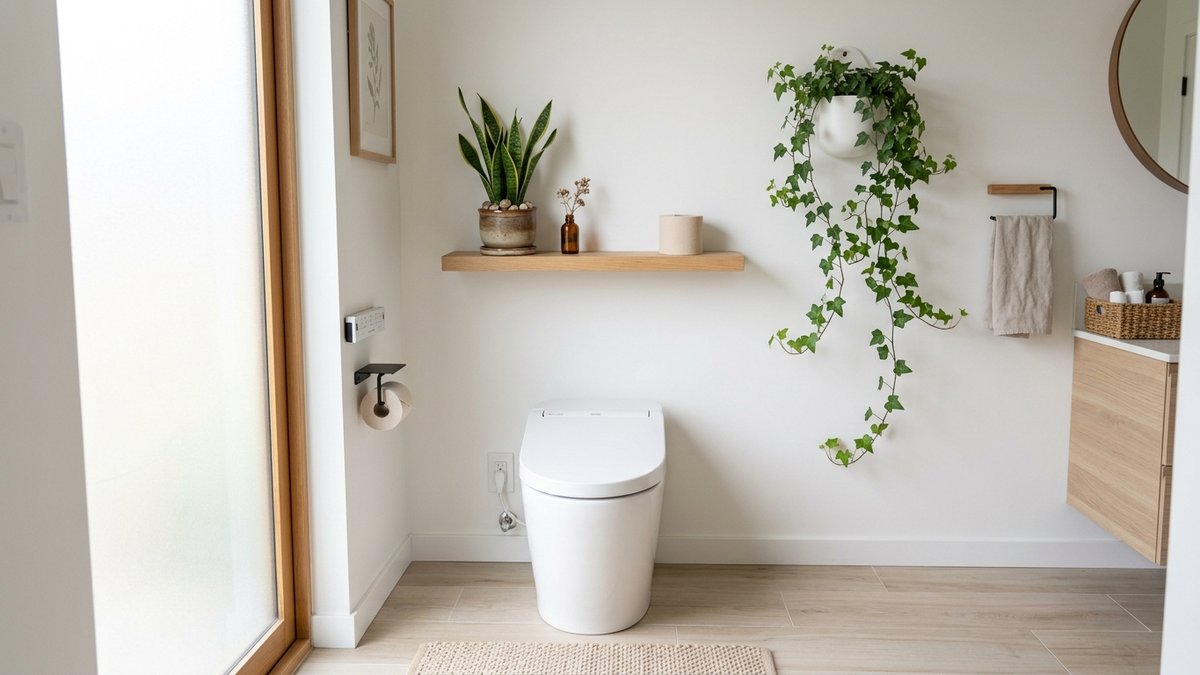 トイレの棚に置いたサンスベリアと壁掛けプランターから垂れるアイビー
