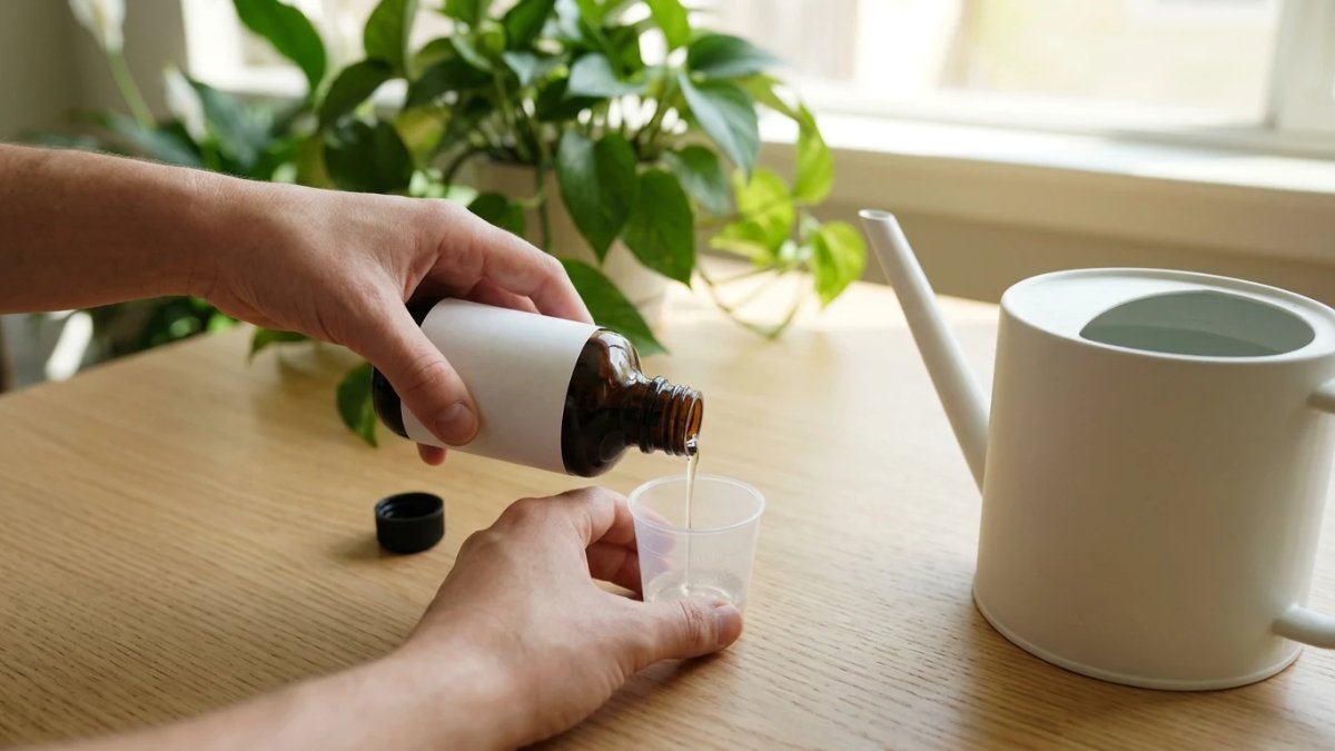 ラベルのないボトルから計量カップに活力剤を少し注ぎ、じょうろの水で薄める準備をしている手元