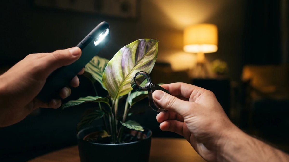 夜の部屋でスマートフォンのライトを観葉植物の葉に当て、ルーペを近づけて見ている手元